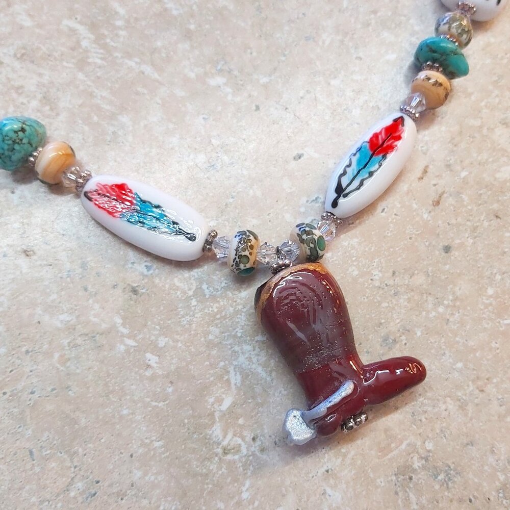 OOK Cowboy and Indian lampwork glass bead necklace
